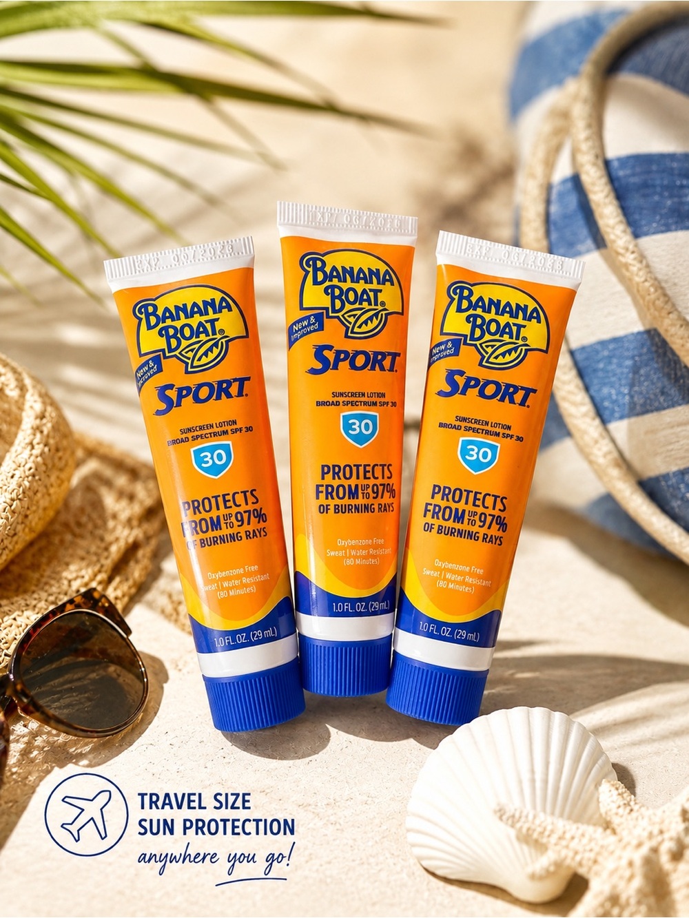 Banana Boat Sport SPF 30 Travel Size Sunscreen 1 oz (set of 3) TSA Approved